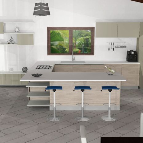 Progetto di una cucina con ante in laminato effetto legno e in laccato color avorio.